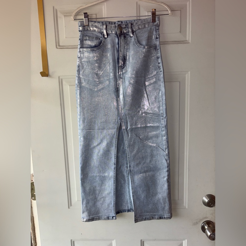 Hersy silver metallic coated denim skirt size S